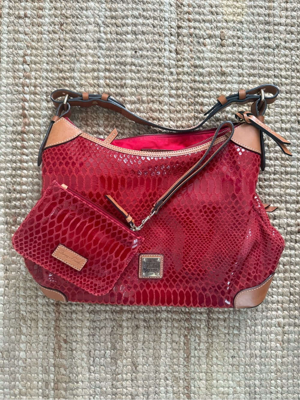Dooney & Bourke Erica Red Snake Embossed Leather Hobo Bag Wristlet Set